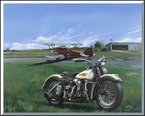 "Kindred Spirits"-Rich Thistle-Waco 10 & 1939 Harley Davidson Aviation Art